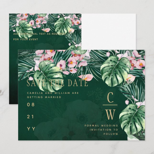 LeahG Tropical Green Pink Botanical Wedding Save The Date (Front/Back)