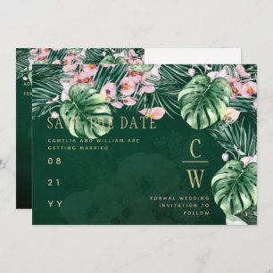LeahG Tropical Green Pink Botanical Wedding Save The Date