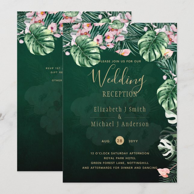 LeahG Tropical Green Pink Floral Leaf Wedding Invitation (Front/Back)