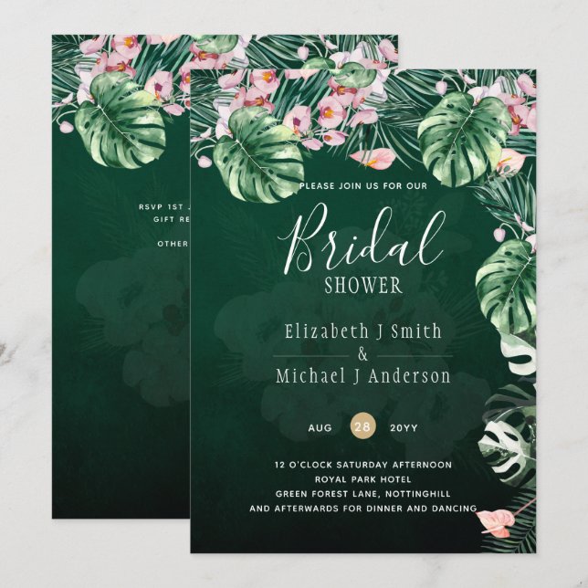 LeahG Tropical Green Pink Floral Leaf Wedding Invitation (Front/Back)