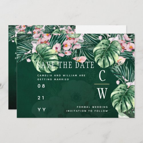LeahG Tropical Green Pink Floral Leaf Wedding Save The Date