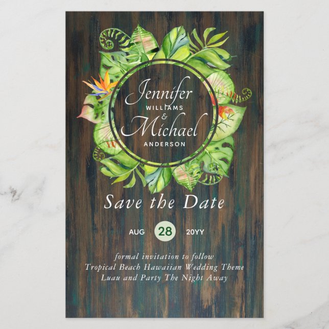 LeahG Tropical Leaves Beach Wedding Save the Date (Front)