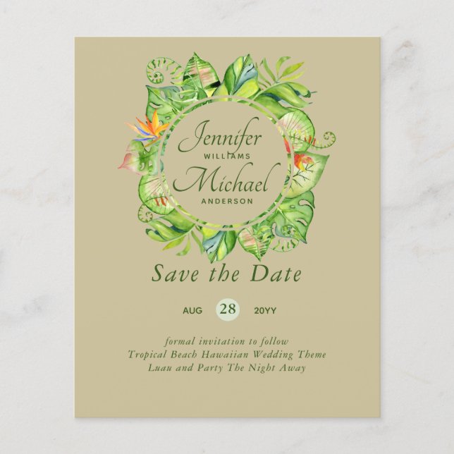 LeahG Tropical Leaves Beach Wedding Save the Date (Front)