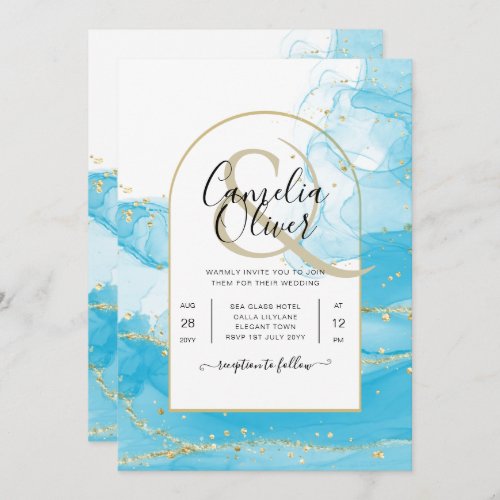 LeahG Turquoise Gold Aqua Blue Wedding INVITE