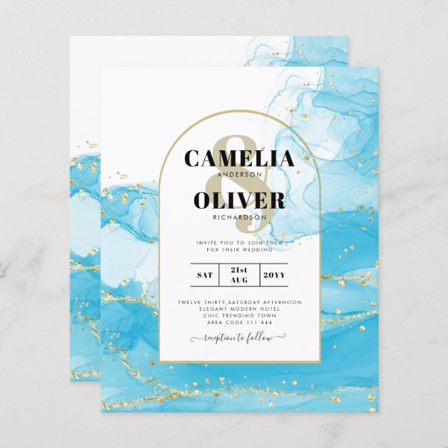 LeahG Turquoise Gold Aqua Blue Wedding INVITE (Front/Back)