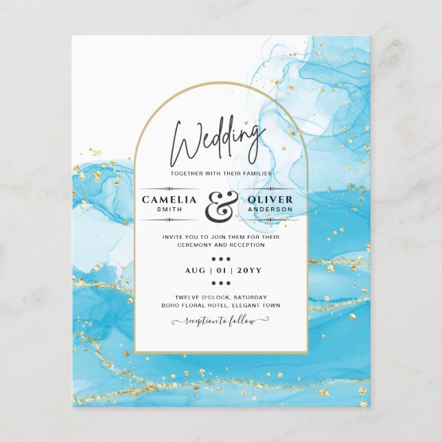 LeahG Turquoise Gold Aqua Blue Wedding INVITE Flyer (Front)