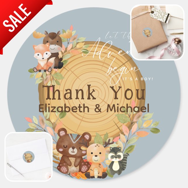 LeahG's Custom Cutesy Woodland Animals Baby Shower Classic Round Sticker (Creator Uploaded)