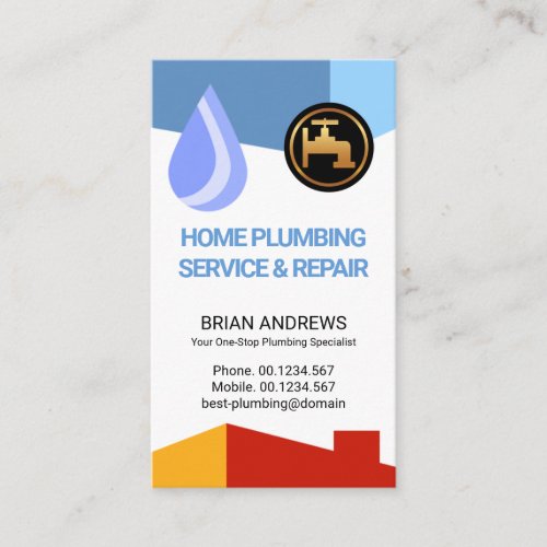 Leaking Blue Water Drop To Rooftop Plumber Business Card