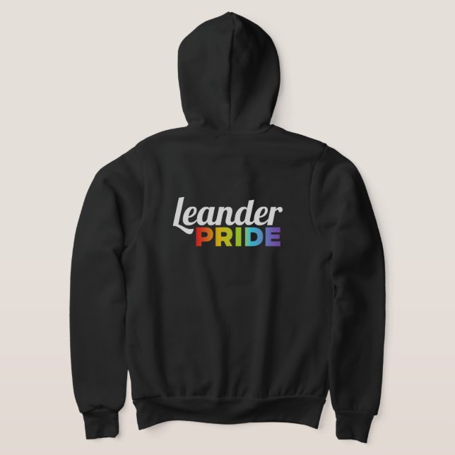 Leander Pride black zip-front hoodie (Laydown Back)