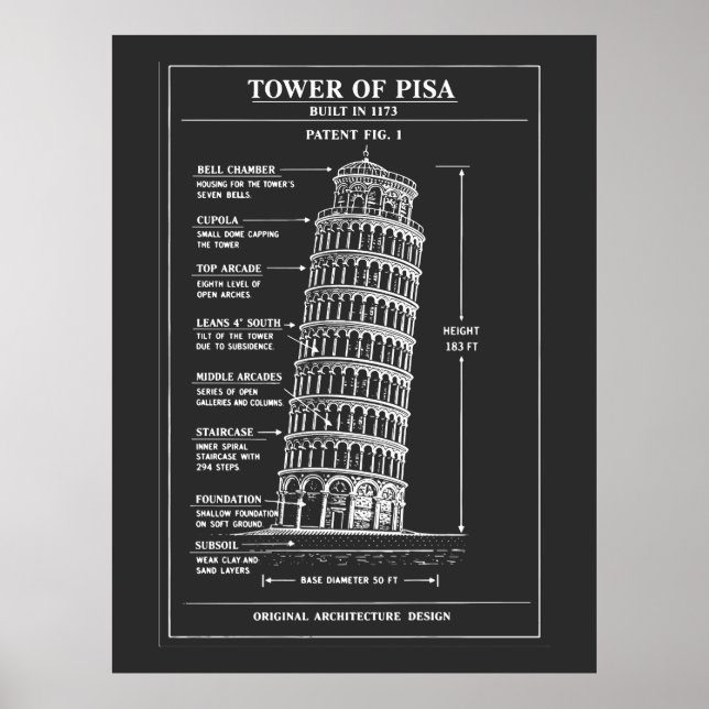 Leaning Pisa Tower Blueprint Art Poster (Front)