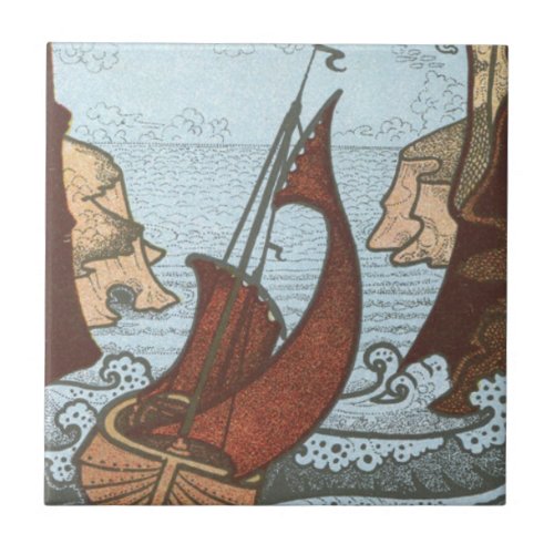 Leaning Ship on Blue Waves Art Nouveau Ceramic Tile