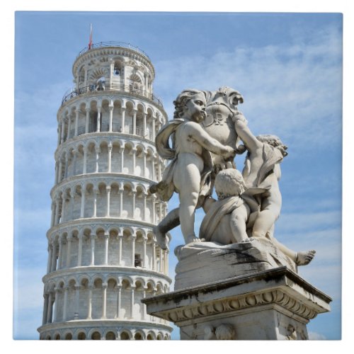 Leaning tower and La Fontana dei Putti Statue Ceramic Tile