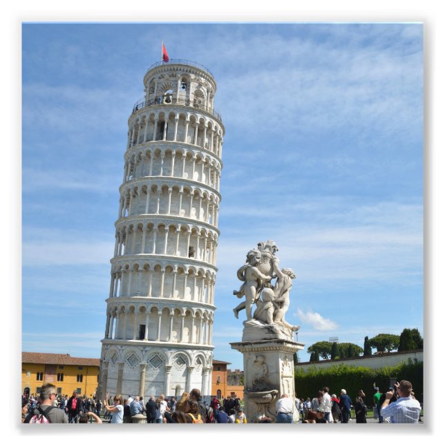 Leaning tower and La Fontana dei Putti Statue Photo Print (Front)