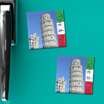 Leaning tower of Pisa and Putti Fountain statue Magnet<br><div class="desc">This fridge magnet presents the beautiful leaning tower of Pisa (Tuscany,  Italy) in Piazza dei Miracoli,  with the Putti fountain statue,  and the Italian flag on the right with the words "Torre di Pisa" in black.</div>