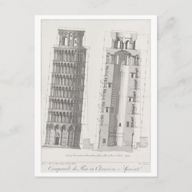 Leaning Tower of Pisa Architectural Diagram Postcard (Front)
