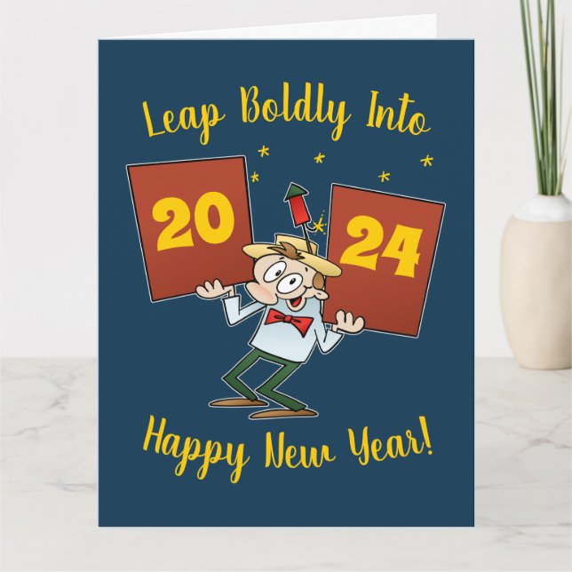Leap Boldly Into 2024 New Year Celebration Cartoon Card (Front)