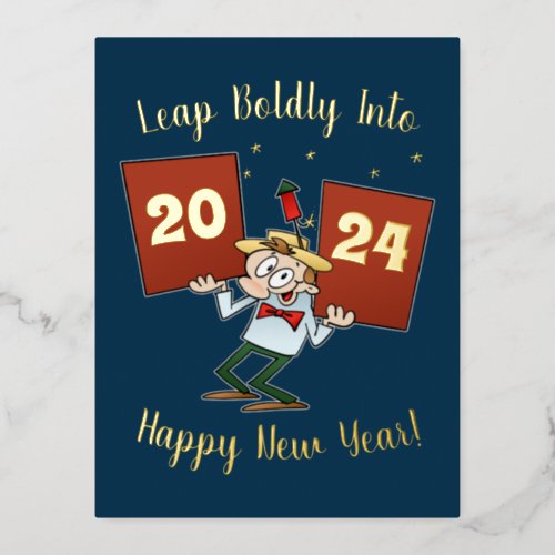 Leap Boldly Into 2024 New Year Celebration Cartoon Foil Holiday Postcard