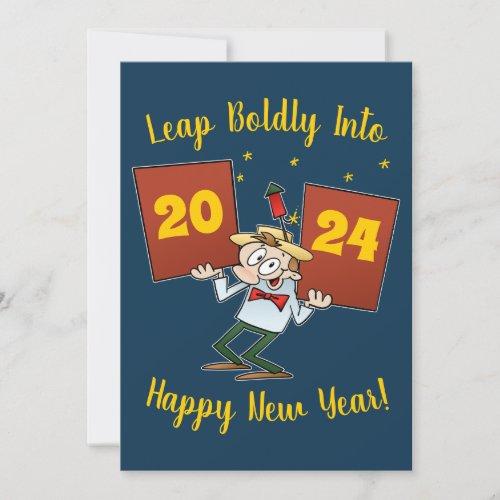 Leap Boldly Into 2024 New Year Celebration Cartoon Holiday Card
