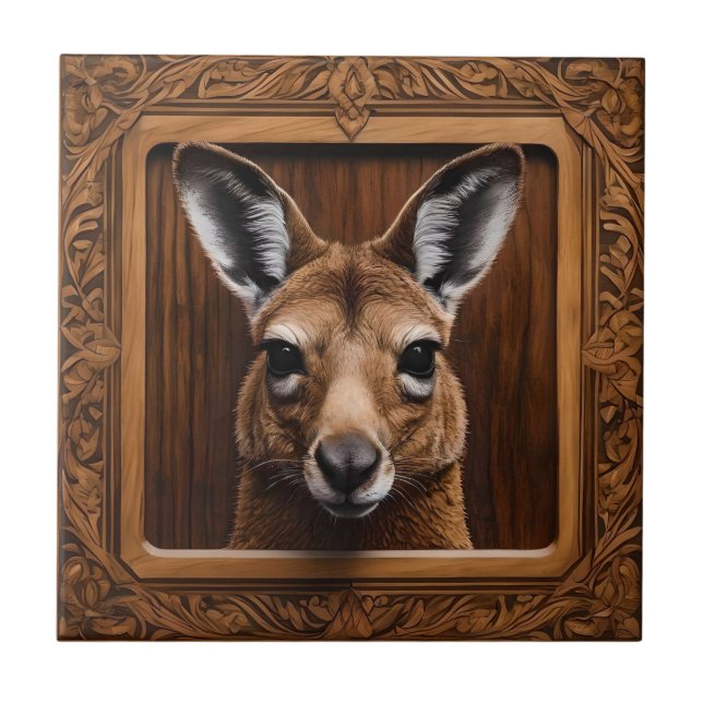 Leap of Nature: A Kangaroo Wood Print, Ceramic Tile (Front)