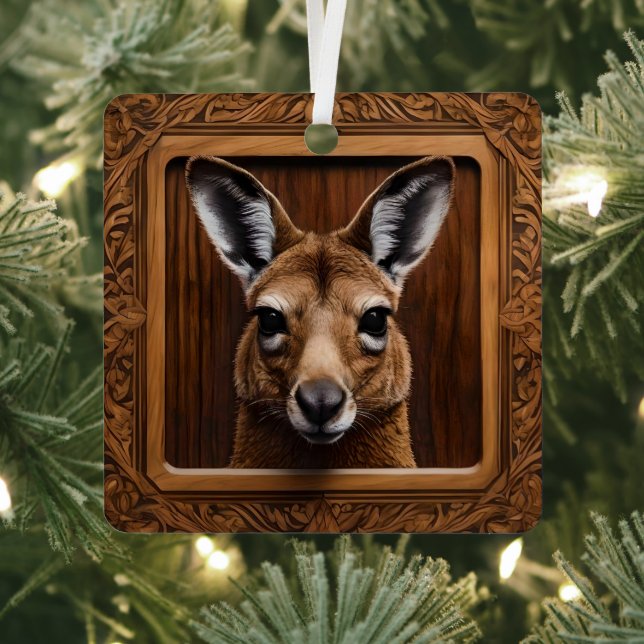 "Leap of Nature: A Kangaroo Wood Print" Metal Ornament (Insitu)
