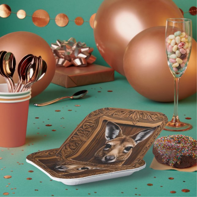 "Leap of Nature: A Kangaroo Wood Print" Paper Plates (Multi)