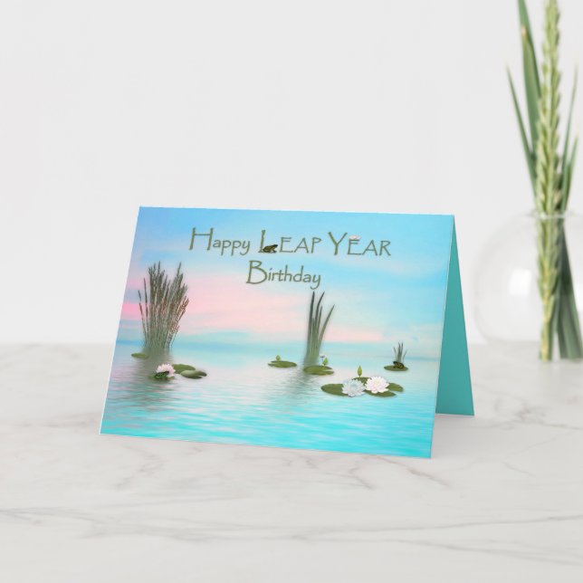 Leap Year Birthday, Frogs and Lotus' in Pond Card (Front)