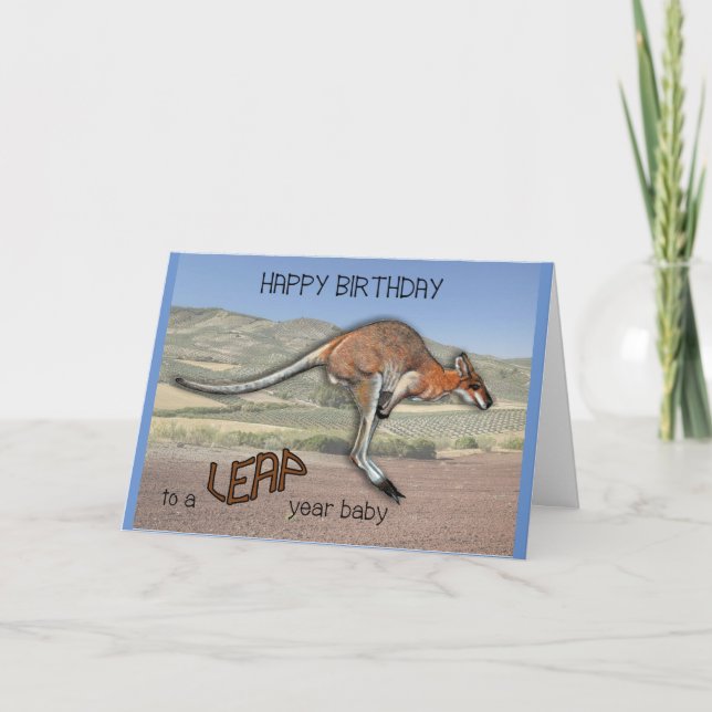 LEAP YEAR Birthday, Humor, Art of Leaping KANGAROO Holiday Card (Front)