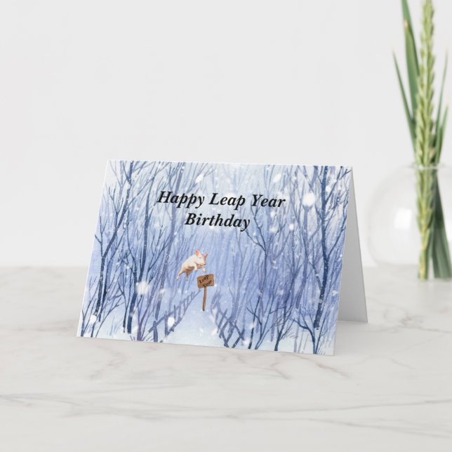 Leap Year Birthday Pig Leaping in Snow Storm Card (Front)