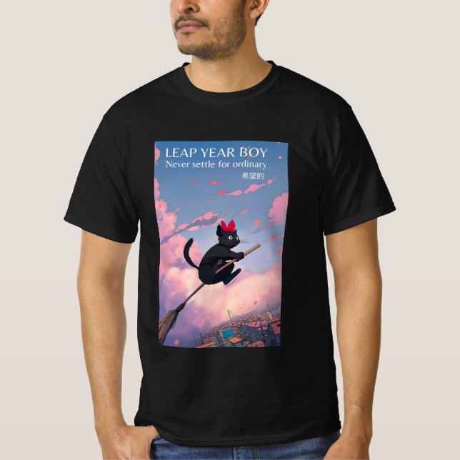 Leap year boy never settle for ordinary Cat flying T-Shirt (Front)