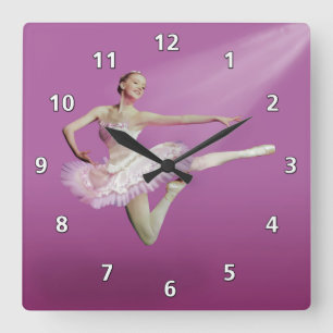 Leaping Ballerina on Pink Square Wall Clock