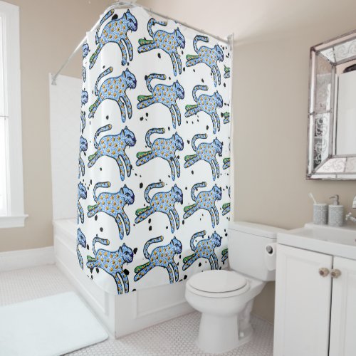 Leaping blue leopards  shower curtain