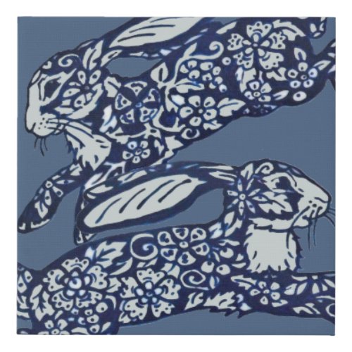 Leaping Blue  White Rabbits Floral Pottery Design Faux Canvas Print