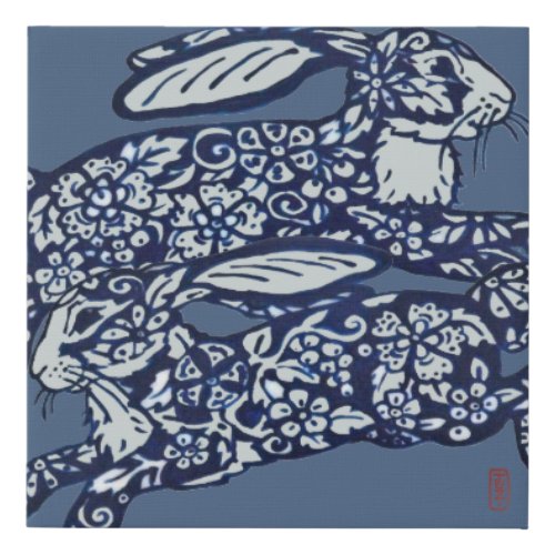 Leaping Blue  White Rabbits Floral Pottery Design Faux Canvas Print