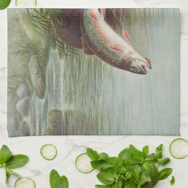 Leaping Brook Trout by S.A. Kilbourne Vintage Fish Kitchen Towel (Folded)