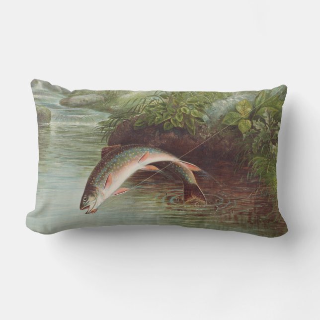 Leaping Brook Trout by Samuel Kilbourne (1874) Lumbar Pillow (Front)