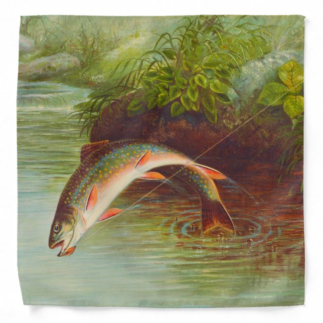 Leaping Brook Trout fish vintage illustrated Bandana (Front)