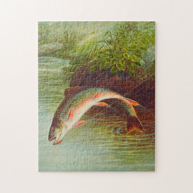 Leaping Brook Trout fish vintage illustrated Jigsaw Puzzle (Vertical)