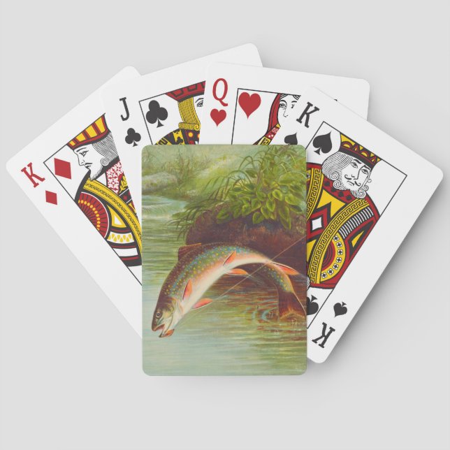 Leaping Brook Trout fish vintage illustrated Poker Cards (Back)