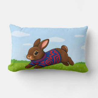 Leaping Bunny in a patterned sweater throw pillow