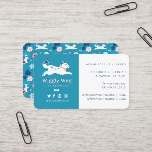 Leaping Dog Floral Botanical Blue Pet Services Business Card