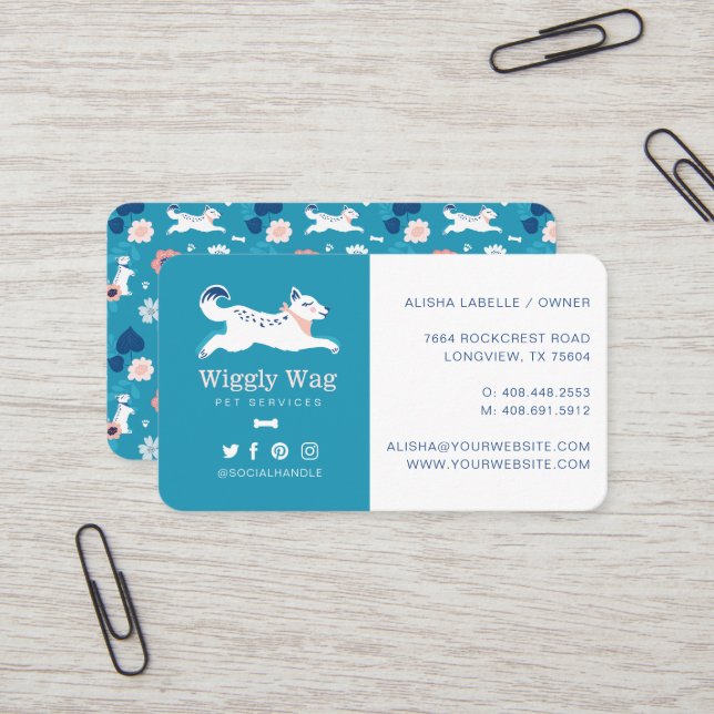Leaping Dog Floral Botanical Blue Pet Services Business Card (Front/Back In Situ)