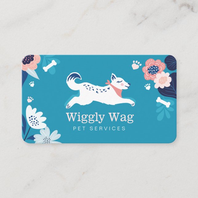 Leaping Dog Floral Botanical Blue Pet Services Business Card (Front)