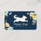 Leaping Dog Floral Botanical Navy Pet Services Business Card (Front)