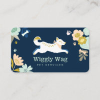 Leaping Dog Floral Pet Care & Grooming Blue Loyalty Business Card