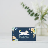 Leaping Dog Floral Botanical Navy Pet Services Business Card (Standing Front)