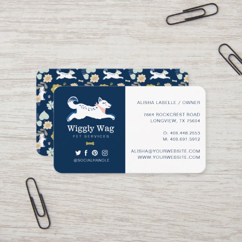 Leaping Dog Floral Botanical Navy Pet Services Business Card