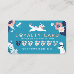 Leaping Dog Floral Pet Care& Grooming Blue Loyalty Business Card