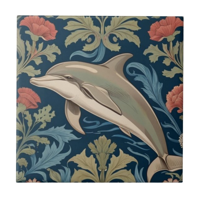 Leaping Dolphin William Morris style Left facing Ceramic Tile (Front)