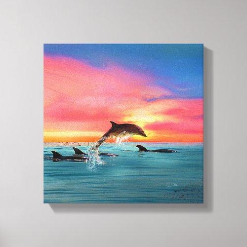 Leaping Dolphins Beach Sunset Canvas Print