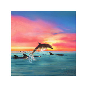 Leaping Dolphins Beach Sunset Canvas Print
